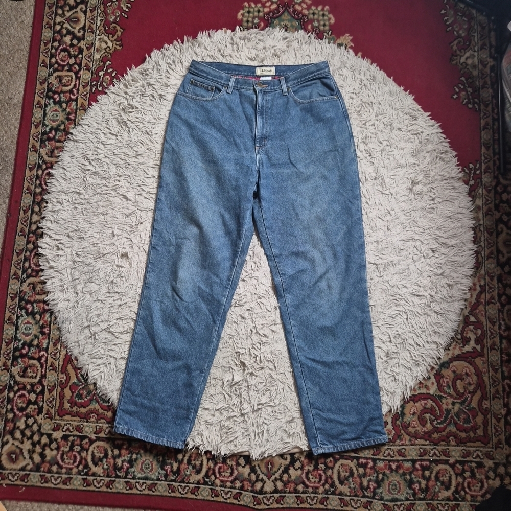 Vintage LL Bean Jeans Red Plaid Flannel Lined Blue Denim Original Fit Relaxed ✨️ - Picture 2 of 15